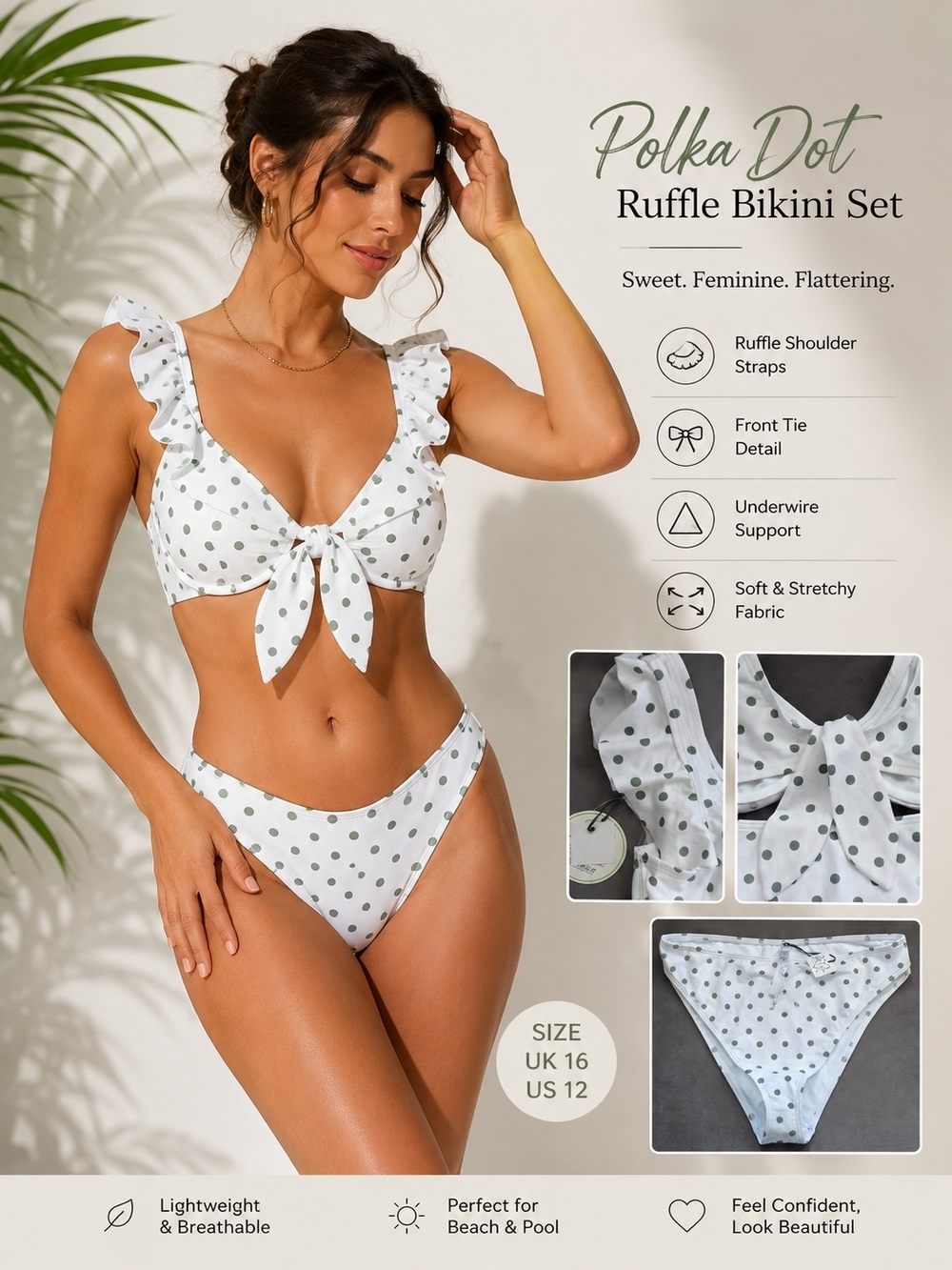 Polka Dot Ruffle Bikini Set - White with Green Dots